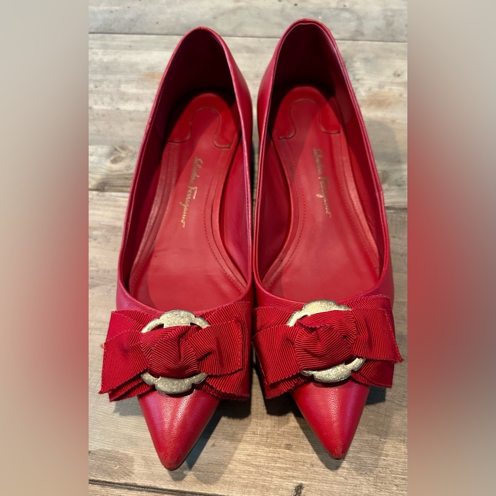 Pre-owned Salvatore Ferragamo 6B Crayola Red Flower Heels Pointy Leather Shoed